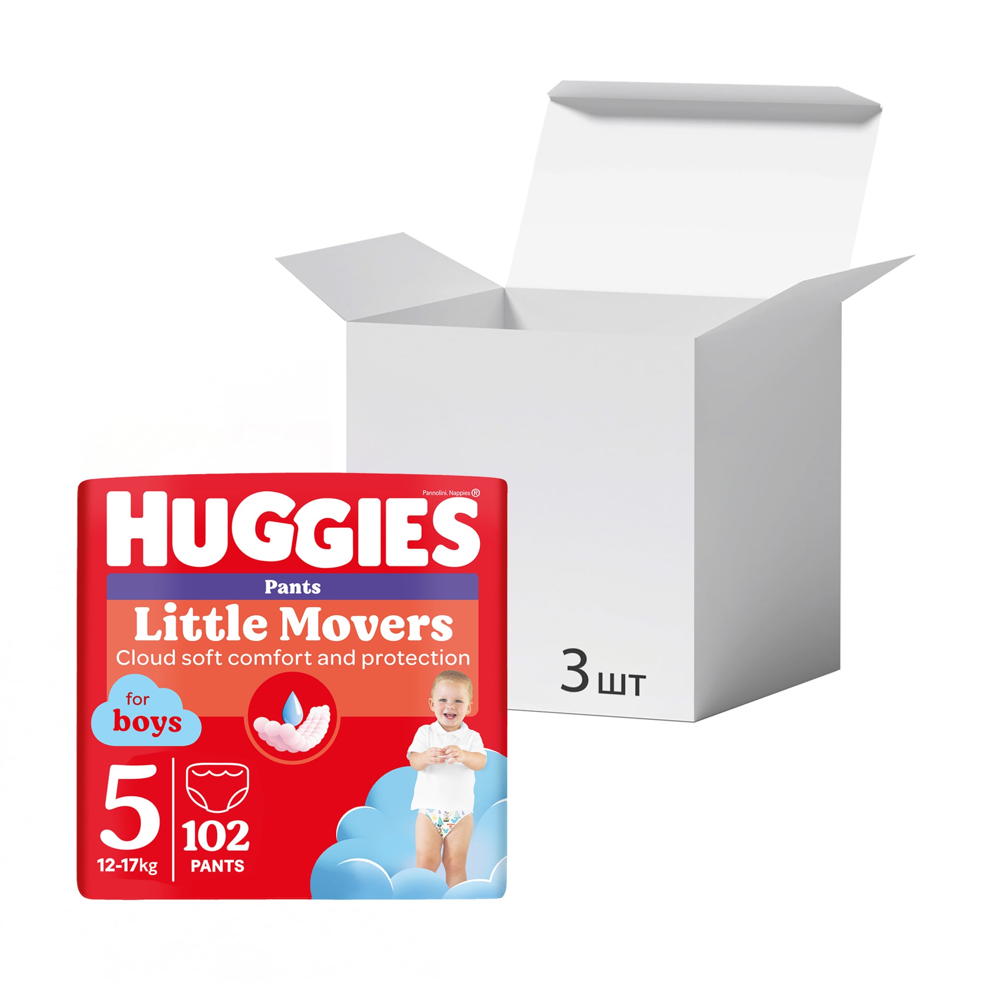 Упаковка підгузків-трусиків Huggies Little Movers Pants для хлопчиків, розмір 5 (12-17 кг), 34 шт * 3 шт