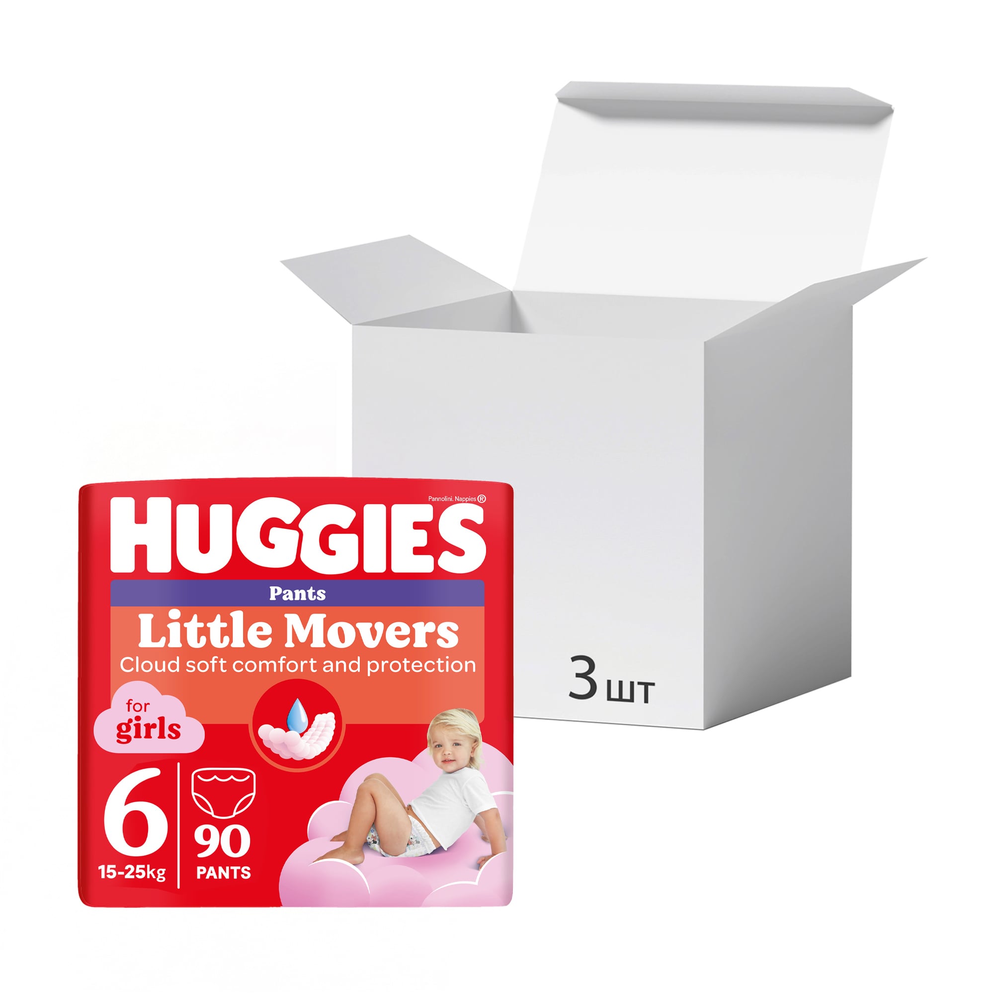 Упаковка підгузків-трусиків Huggies Little Movers Pants для дівчаток, розмір 6 (15-25 кг), 30 шт * 3 шт