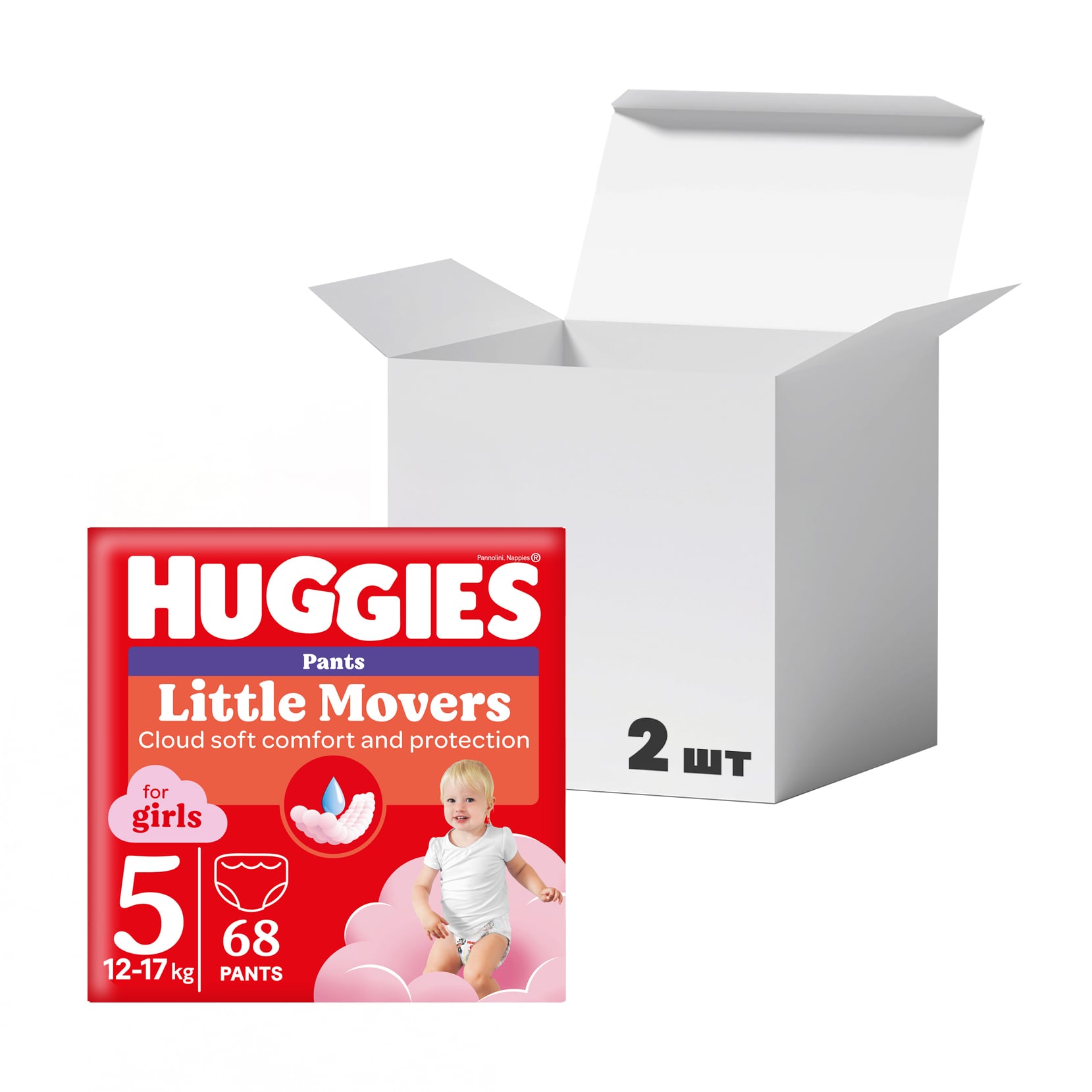 Упаковка підгузків-трусиків Huggies Little Movers Pants для дівчаток, розмір 5 (12-17 кг), 68 шт * 2 шт